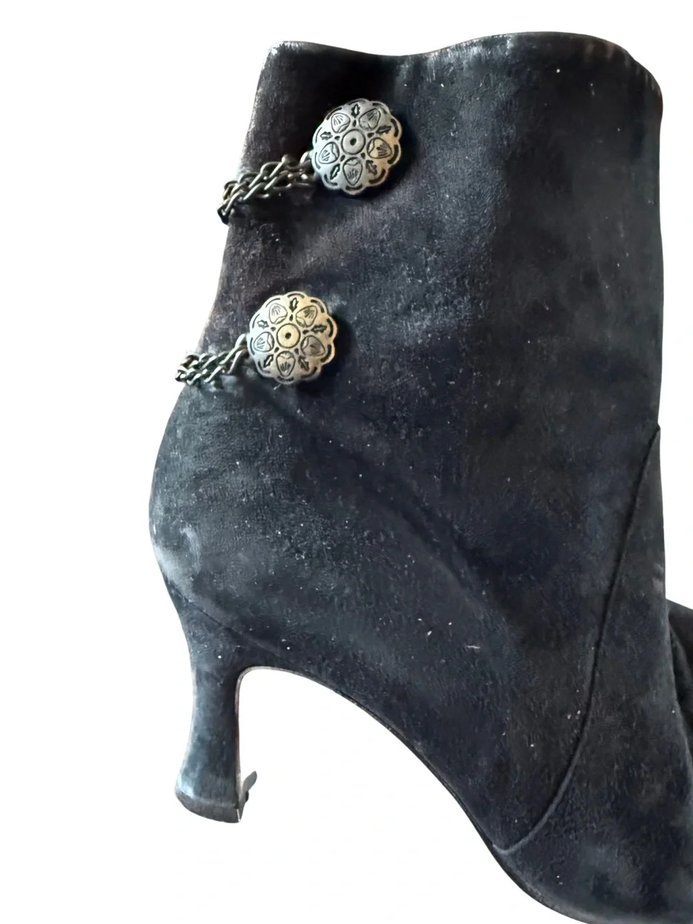 Bally Suede Vintage Medallion Chain Pointed Toe Heel Boots Size 8
